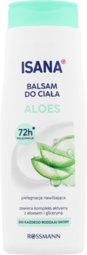 Isana balsam do ciała Aloes 72h nawilżenia w białej butelce z miętową zakrętką, widok z przodu z grafiką aloesu.