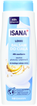Biała butelka ISANA Lekki Balsam Do Ciała, niebieska etykieta z napisem 48h nawilżenie, gliceryna i witamina E, widok z przodu.