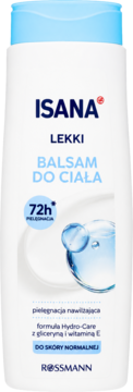 Isana Lekki Balsam Do Ciała, biała butelka, niebieska nakrętka, 72h nawilżająca pielęgnacja dla skóry normalnej.