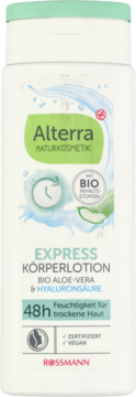 Biała butelka Alterra Express Körperlotion z bio aloesem i kwasem hialuronowym, na suchą skórę, widok z przodu.