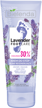 Bielenda Lavender Footcare regenerujący krem do stóp z 30% mocznika, fioletowa tuba, widok z przodu.