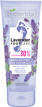 Bielenda Lavender Footcare regenerujący krem do stóp z 30% mocznika, fioletowa tuba, widok z przodu.