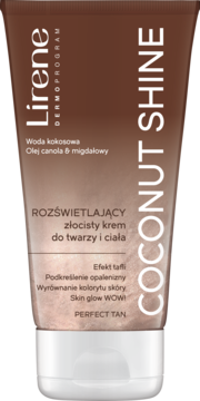 Lirene Coconut Shine, rozświetlający złocisty krem do twarzy i ciała, brązowa tubka z białym korkiem.
