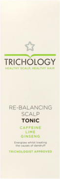 Biały tonik Trichology Re-balancing Scalp Tonic z kofeiną, limonką i żeń-szeniem, widok z przodu.