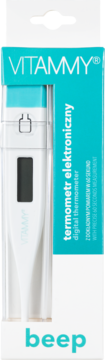 VITAMMY beep, biały elektroniczny termometr w opakowaniu z przezroczystą osłoną i niebieskim paskiem.
