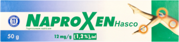Naproxen Hasco 50g, żel 1% w biało-niebieskim opakowaniu, widok z przodu, zielone logo.