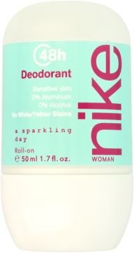 Nike Woman 48h roll-on deodorant 50ml, white bottle with pink and light blue text, sensitive skin formula.