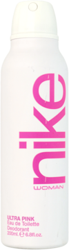 Biały dezodorant Nike Ultra Pink Woman w sprayu 200ml, z różowym logo i napisem, widok z przodu.