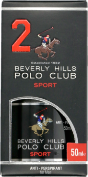 Czarny karton antyperspirantu Beverly Hills Polo Club Sport dla mężczyzn 50ml, z czerwoną 2 i logo.