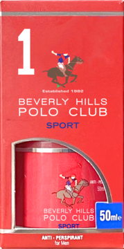 Red box for Beverly Hills Polo Club Sport anti-perspirant, 50ml, with a polo player logo, showing the product inside.
