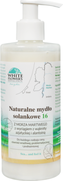WHITE FLOWER'S EXPERIENCE ,mydło w płynie, naturalne, solankowe, z Morza Martwego, z wyciągiem z wąkroty azjatyckiej i alantoiną,przód