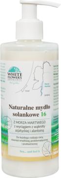 Naturalne mydło solankowe 16 White Flowers z Morza Martwego, biała butelka z pompką, widok z przodu.