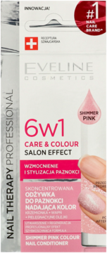 Eveline 6w1 Shimmer Pink odżywka do paznokci, białe opakowanie, widok z przodu, z efektem na paznokciach.