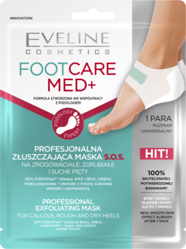 Eveline Footcare Med+ maska złuszczająca na pięty w srebrno-turkusowej saszetce z grafiką stopy.