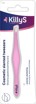 Pink KillyS cosmetic slanted tweezers in retail packaging, front view, with precise slanted tip indicated.