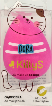 Różowa gąbeczka do makijażu 3D KillyS Dora w przezroczystym opakowaniu z rysunkiem kota.