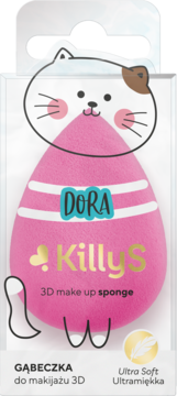 Różowa gąbeczka KillyS DORA 3D Ultra Soft do makijażu, w przezroczystym opakowaniu w kształcie kota.