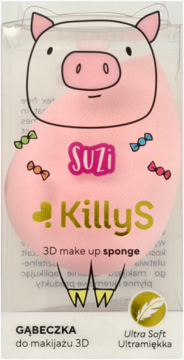 Różowa gąbeczka do makijażu KillyS Suzi 3D Ultra Soft w kształcie świnki, w przezroczystym opakowaniu.
