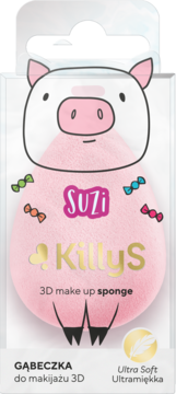 Różowa, ultra miękka gąbeczka 3D KillyS Suzi w kształcie świnki, w przezroczystym opakowaniu, widok z przodu.