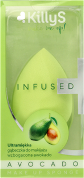 KillyS Avocado Makeup Sponge in light green, teardrop shape, within a clear plastic box. Enriched with avocado.