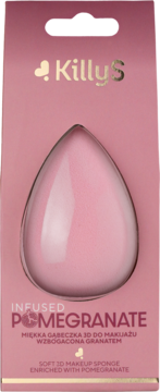 Killy's różowa gąbeczka 3D do makijażu z ekstraktem z granatu, w różowym opakowaniu z okienkiem.