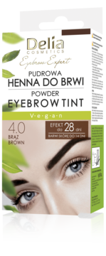 Delia Cosmetics Powder Eyebrow Tint 4.0 Brown, vegan. White box with green leaves, model's eyes. Front view.
