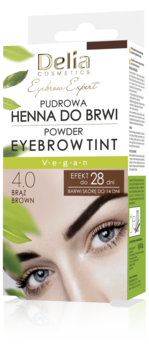 Delia Cosmetics Powder Eyebrow Tint 4.0 Brown, vegan. White box with green leaves, model's eyes. Front view.