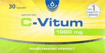 Opakowanie C-Vitum 1000 mg, suplement diety z witaminą C, żółto-zielone pudełko, widok z przodu.