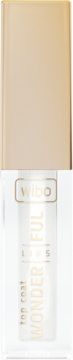 Wibo Wonderful Top Coat do paznokci, przezroczysta butelka ze złotą nakrętką, widok z przodu.