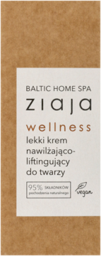 Ziaja Wellness lekki krem nawilżająco-liftingujący do twarzy, beżowe opakowanie, 95% naturalnych składników, widok z przodu.