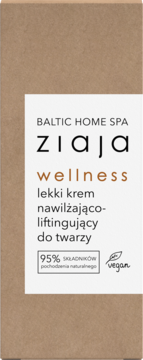 Ziaja Wellness lekki krem nawilżająco-liftingujący do twarzy w brązowym kartonie, z białym panelem i tekstem, widok z przodu.