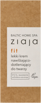 Ziaja Fit lekki krem do twarzy nawilżająco-dotleniający, front opakowania na brązowym tle, z napisem vegan.