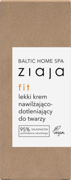 Ziaja fit lekki krem nawilżająco-dotleniający do twarzy. Brązowe pudełko z białą etykietą, widok z przodu, 95% naturalny, vegan.