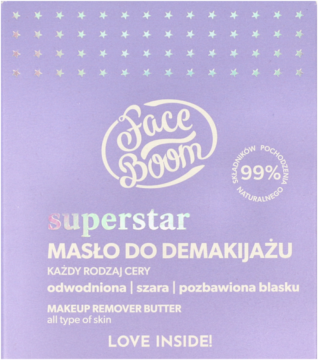 Fioletowe pudełko FaceBoom Superstar Masło do demakijażu, 99% naturalne, do każdego rodzaju cery.