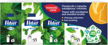 Velvet chusteczki o zapachu eukaliptusa i mentolu. Zielone opakowania z liśćmi, napis 'new', ułatwiają oddychanie.