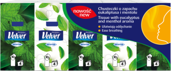 Velvet chusteczki higieniczne, eukaliptus i mentol, multipack. Zielone liście, napis 'NOWOŚĆ', widok z przodu.