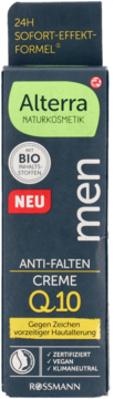 Opakowanie kremu Alterra Men Q10 przeciwzmarszczkowego, ciemnoszare z zielonym logo i żółtym napisem Q10, widok z przodu.