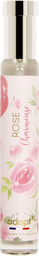 Butelka Adopt' Rose Charmeuse woda perfumowana z jasnoróżową etykietą w akwarelowe róże, srebrna nakrętka.