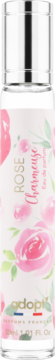 Adopt' Rose Charmeuse woda perfumowana w smukłej butelce z etykietą w akwarelowe różowe róże, widok z przodu.