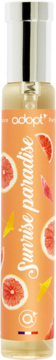 Adopt' Sunrise Paradise woda perfumowana dla kobiet, pionowa butelka w pomarańczowej etykiecie z grejpfrutami i białym napisem, widok z przodu.