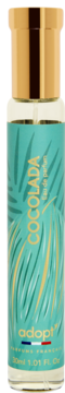 Adopt' Coco Lada woda perfumowana w szklanej butelce z turkusową etykietą i złotą nakrętką, widok z przodu.