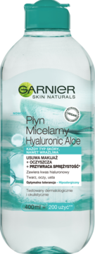 Garnier Skin Naturals Płyn Micelarny Hyaluronic Aloe 400ml, butelka z turkusową nakrętką, widok z przodu.