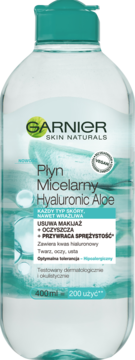 Garnier Skin Naturals Płyn Micelarny Hyaluronic Aloe 400ml, butelka z turkusową nakrętką, widok z przodu.