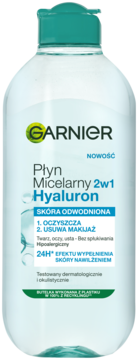 Garnier Płyn Micelarny 2w1 Hyaluron, do skóry odwodnionej, w przezroczystej butelce z zieloną nakrętką, widok z przodu.