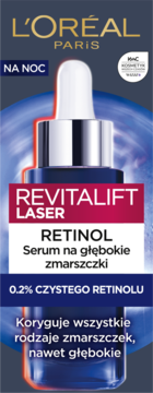 L'Oréal Revitalift Laser Retinol Serum na noc, 0.2% czystego retinolu, butelka z pipetą, granatowo-czerwona.