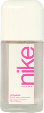 Dezodorant perfumowany Nike Ultra Pink dla kobiet, przezroczysty roll-on z białym korkiem, różowym logo.