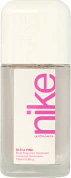 Dezodorant perfumowany Nike Ultra Pink dla kobiet, przezroczysty roll-on z białym korkiem, różowym logo.