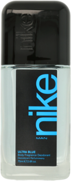 Nike Ultra Blue dezodorant perfumowany, butelka z przodu, czarny korek, niebieskie logo na czarnej etykiecie.