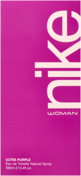 Fioletowe pudełko Nike Ultra Purple Woman Eau de Toilette, z białym pionowym logo Nike, widok z przodu.