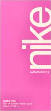 Różowe opakowanie Nike Ultra Pink Eau de Toilette Natural Spray dla kobiet, widok z przodu, białe logo.